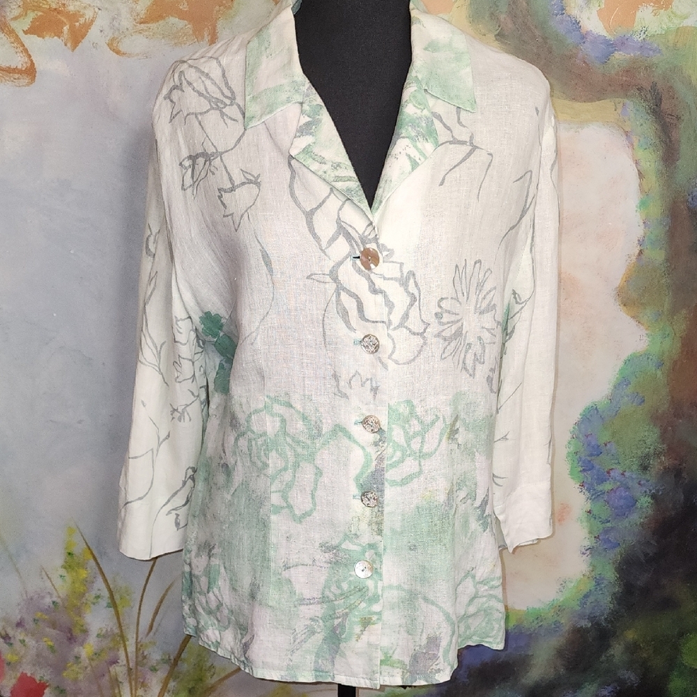 Green White Grey 100% Linen Button Down Blouse with Collar